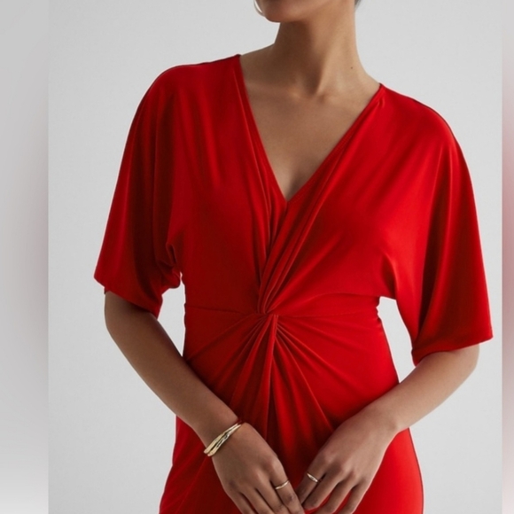 Express Vibrant Red TwistFront Vneck Maxi Dress wFront Slit Elegant Sexy Holiday - Picture 14 of 16